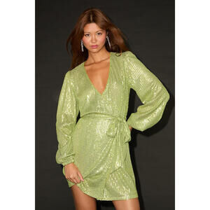 Lulus Sparkly Darling Chartreuse Sequin Long Sleeve Wrap Dress Green - Size M